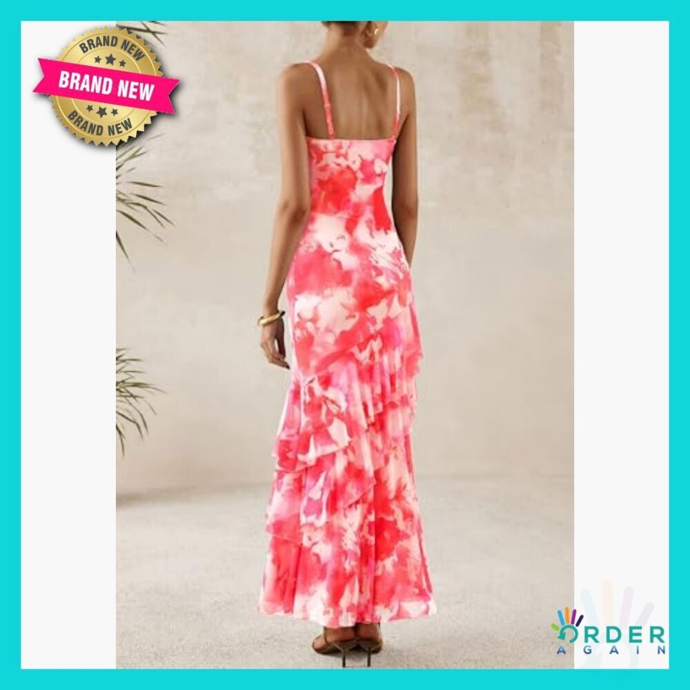 Floral Maxi Dress Tiered Spaghetti Strap Bodycon Beach Wedding Guest Elegant - Picture 2 of 7